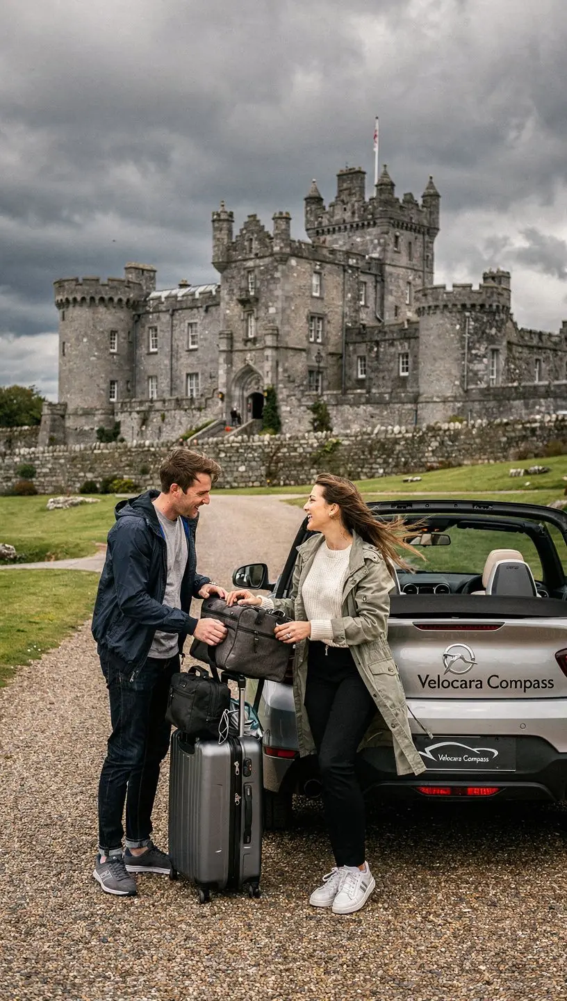 A scenic view of a rental car parked near a famous Irish landmark with lush green hills in the background.