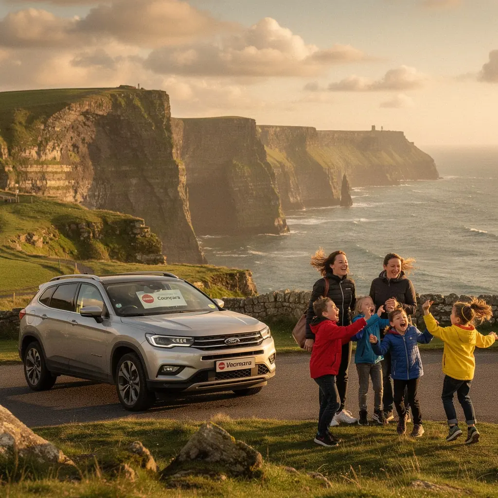 A friendly staff member providing pickup tips to a customer at a car rental desk in an airport setting.